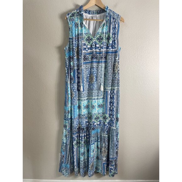 Chicos Womens Large Blue White Maxi Dress Sleeveless Boho Patchwork Tassel Tie - Picture 10 of 14